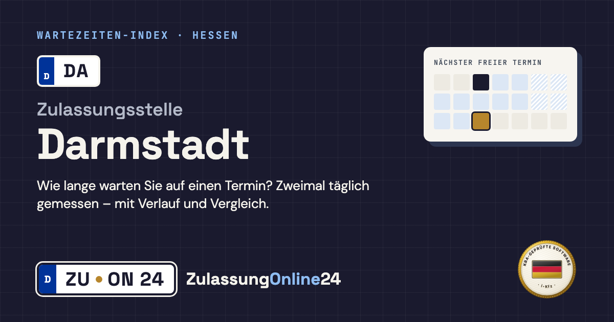 Zulassungsstelle Darmstadt (DA, Hessen): Wartezeit auf einen Termin, zweimal täglich gemessen – Wartezeiten-Index von ZulassungOnline24