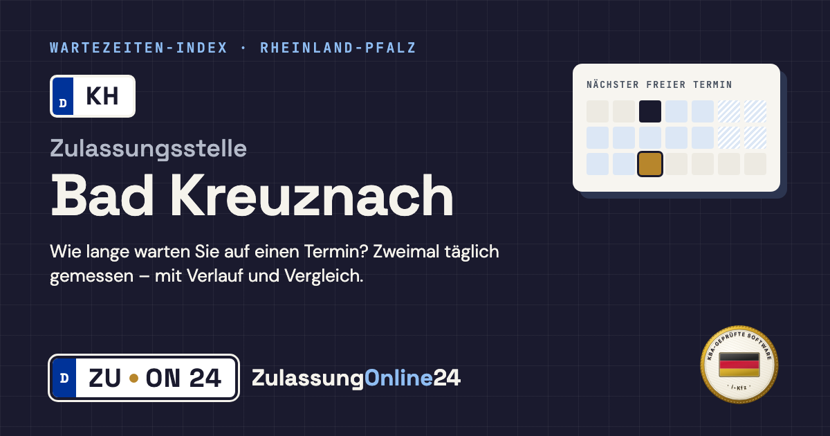 Zulassungsstelle Bad Kreuznach (KH, Rheinland-Pfalz): Wartezeit auf einen Termin, zweimal täglich gemessen – Wartezeiten-Index von ZulassungOnline24