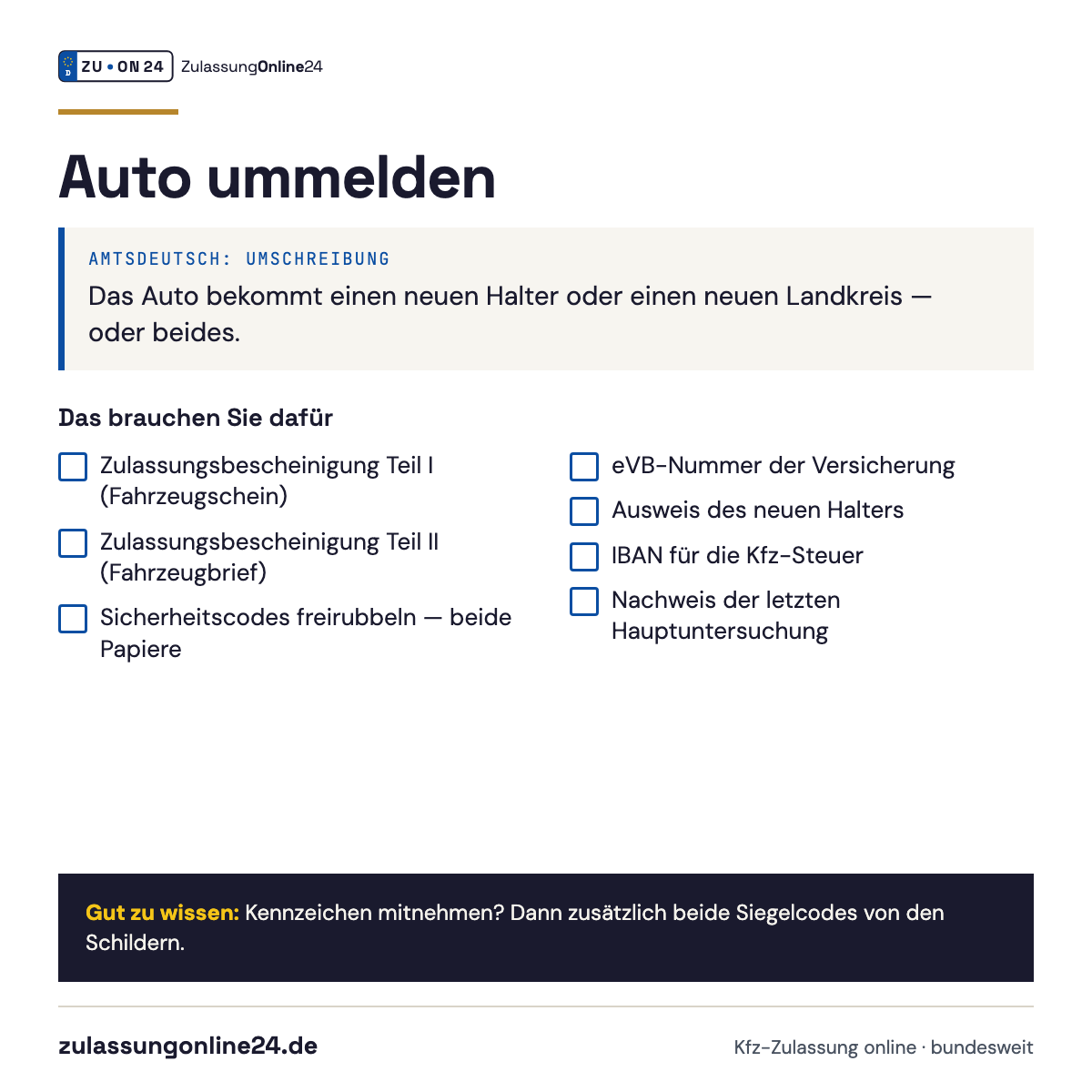 Checkliste Auto ummelden (Umschreibung): Zulassungsbescheinigung Teil I (Fahrzeugschein), Zulassungsbescheinigung Teil II (Fahrzeugbrief), Sicherheitscodes freirubbeln — beide Papiere, eVB-Nummer der Versicherung